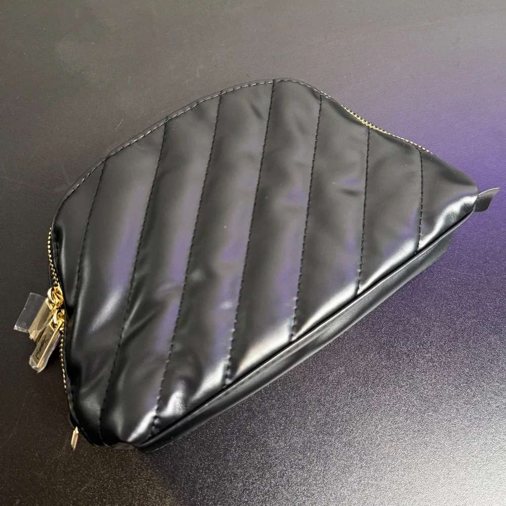 YSL Black Quilted Cosmetic Pouch Gold Logo Makeup Organizer Small Travel Bag NEW